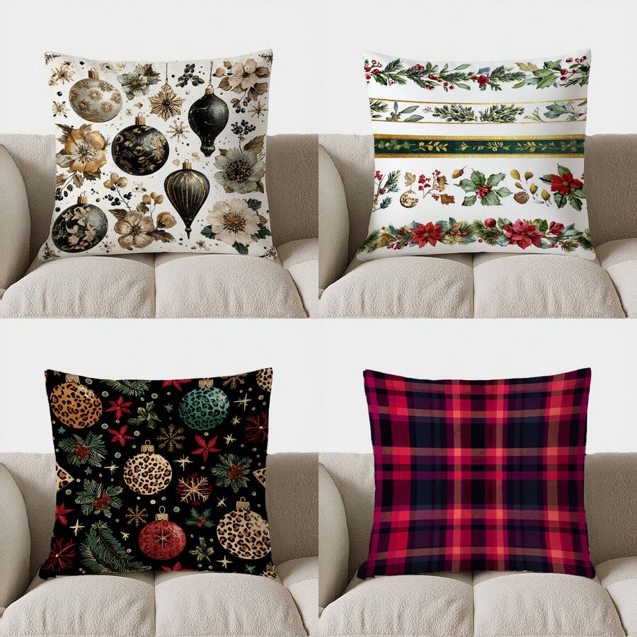 Christmas Floral & Ornamental Throw Pillow Cover With Short Plush Print For Living Room Sofa Decoration Cushion Cover