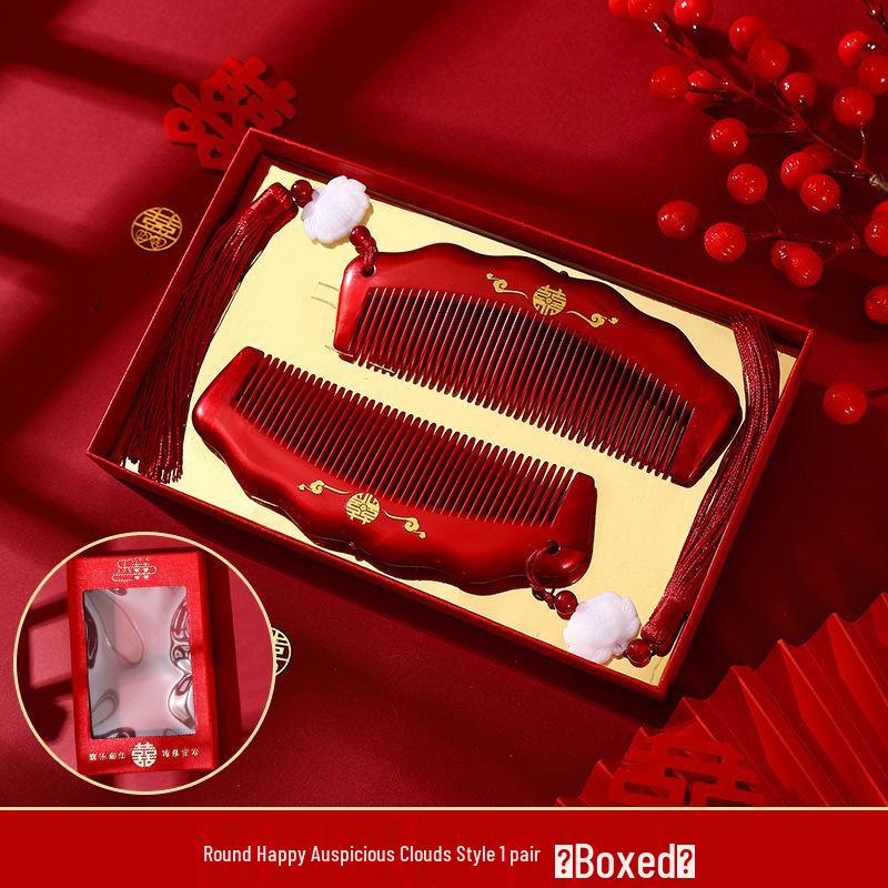 Бордовый Деревянный Свадебный Набор Расчесок с Зеркалом - Подарочная Коробка для Приданого Невесты