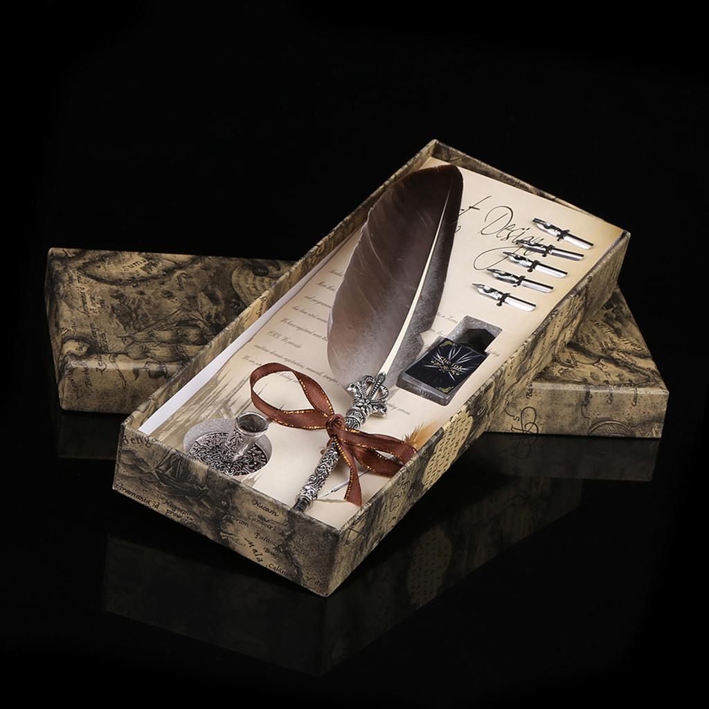 English Calligraphy Feather Dip Quill Pen Writing Ink Set Stationery Gift Box with 5 Nibs