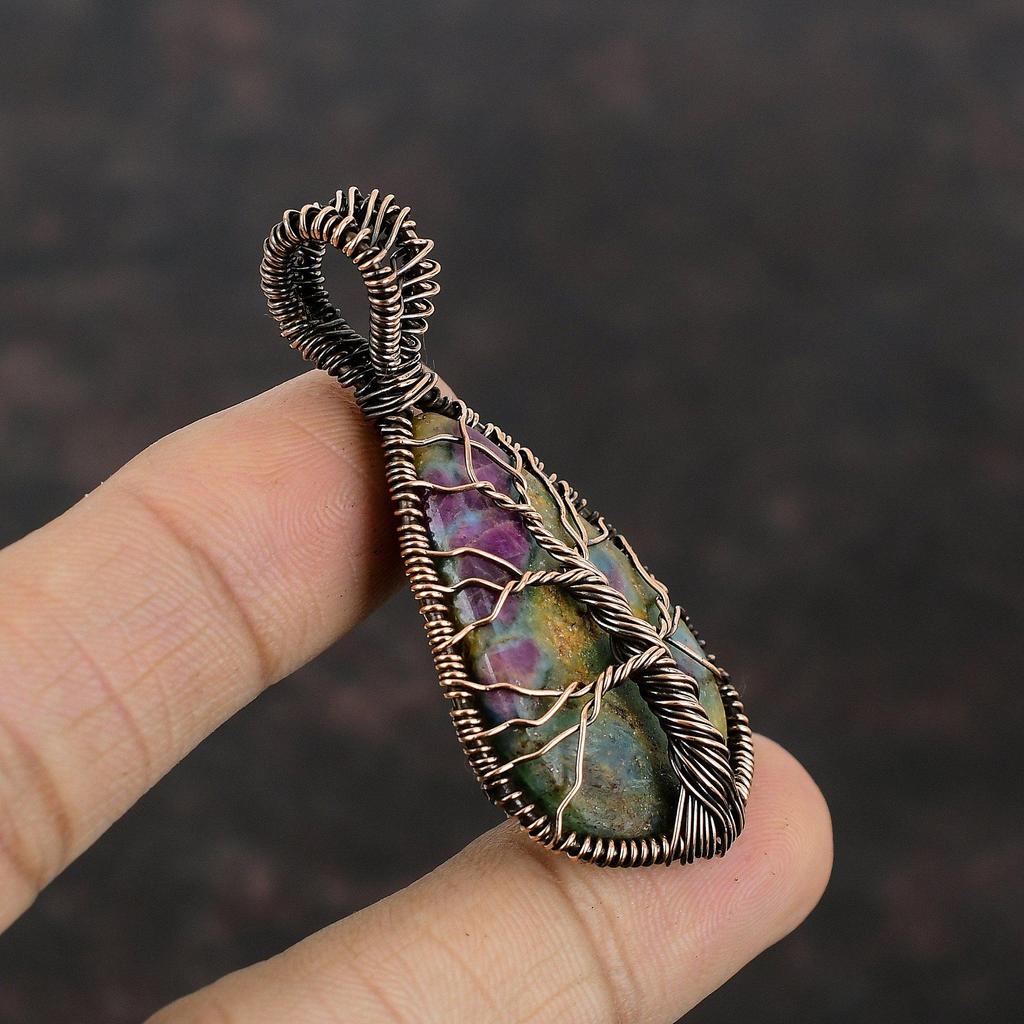 Древо Жизни Рубин Фуксит Медный Кулон Кулон, обмотанный проволокой Ручная работа Медные украшения из проволоки Кулон с драгоценным камнем Украшения с рубином и фукситом в подарок