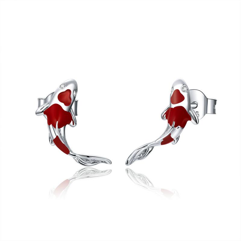 Bamoer Luck & Courage Earrings 925 Silver Koi Red Enamel Silver Polished Women Stud Earrings