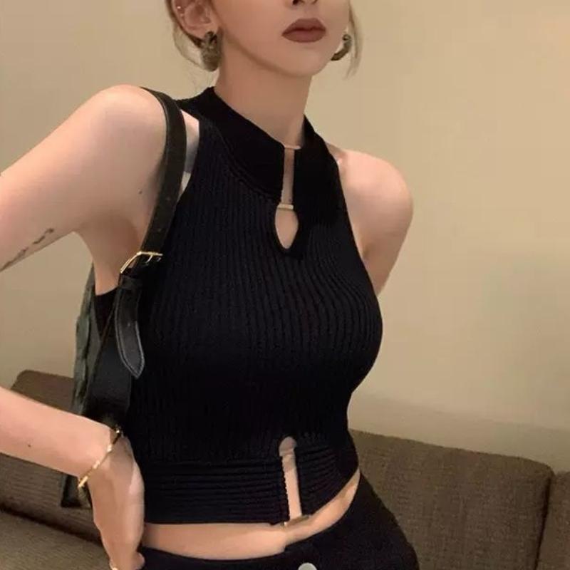 American Knitted Camisole Hollow-out Tank Top Women's Outerwear Hot Girl Summer Backless Base Layer Sweet & Spicy Short Sexy Top