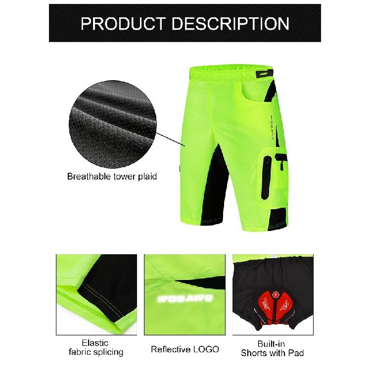 WOSAWE Men's Cycling Shorts Built-in 3D Cushion Padding Loose Fit Shockproof MTB Bike Trousers Breathable with Multi Pockets