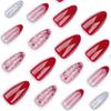 24 Pieces French Red Candy Striped Nail Art Christmas Silver Glitter Wear Nail Short Almond Fake Nail Pieces