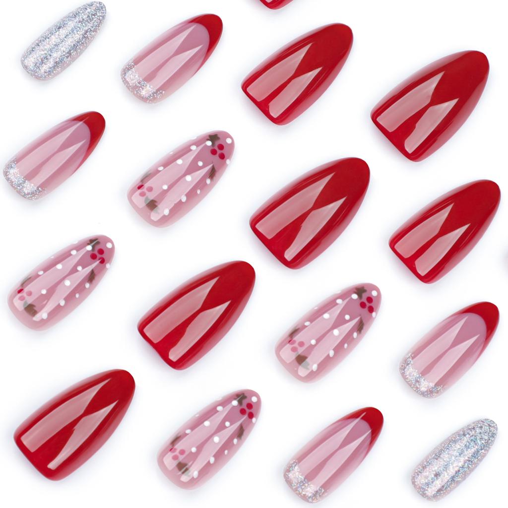 24 Pieces French Red Candy Striped Nail Art Christmas Silver Glitter Wear Nail Short Almond Fake Nail Pieces