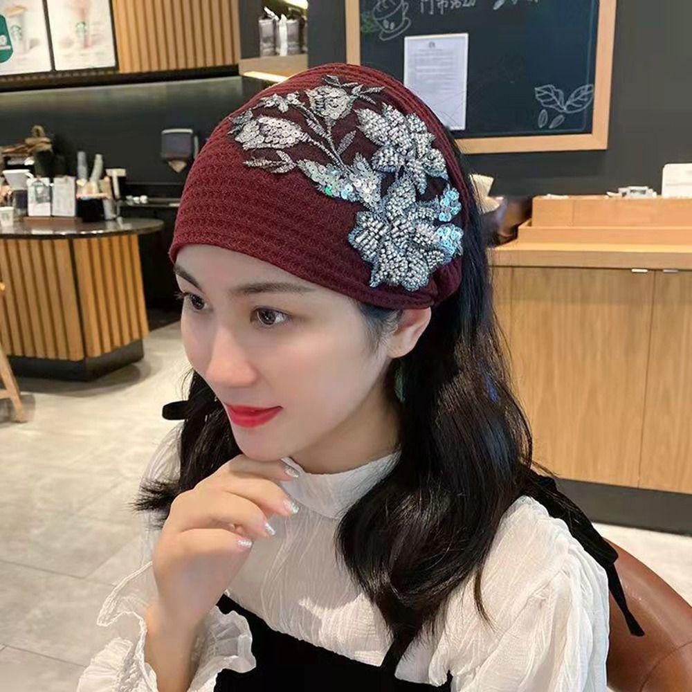 Girls Knitted Wide Side Bead Hair Accessories Flower Hair Hoop Women Hairband Korean Style Headband
