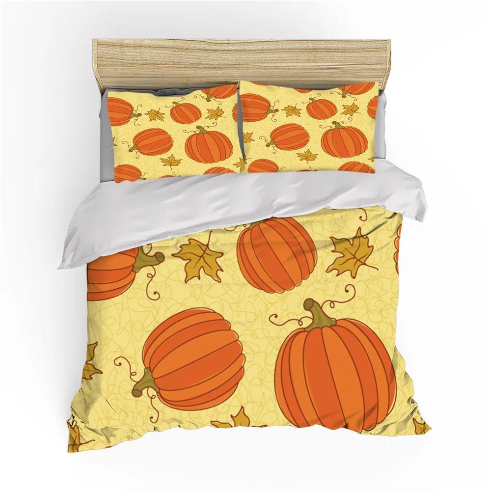 Autumn Thanksgiving Day Duvet Cover King Queen Cartoon Orange Pumpkin Turkey Bedding Set Maple Leaves Soft Polyester Quilt Cover