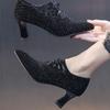 Spring and Autumn New Style Pointed Toe Square Heel Fashion Women's Heeled Single Shoes Bow Decoration Party Elegant High Heels