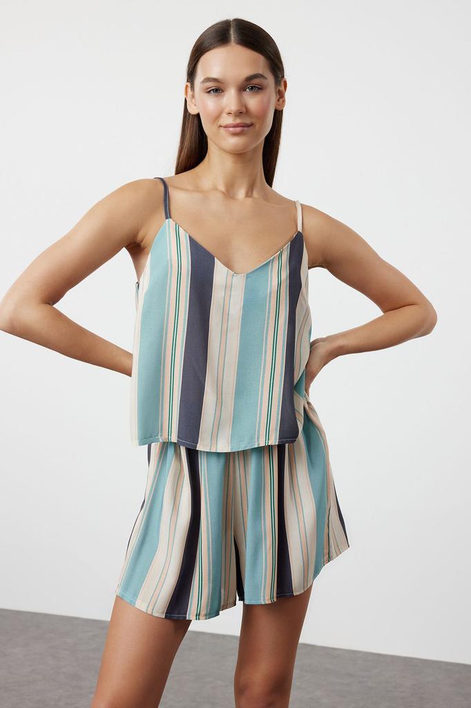 Women's Fashion Blue-Multicolored Striped Viscose Woven Pajama Set with Rope Strap