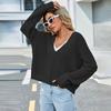 Women's Fashion V Neck Solid Color Off Shoulder Knitted Knitted Sweater Pullover Sweater Long Sleeved Top