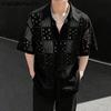 INCERUN Мужские рубашки оверсайз с коротким рукавом, кружевной ажурной вставкой, повседневные свободные топы