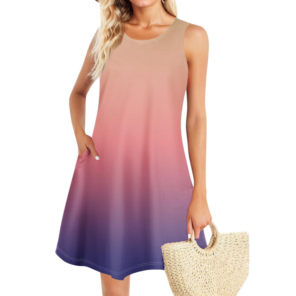 Summer Dresses For Women Beach Boho Sleeveless Vintage Printing Flowy Pocket Tshirt Tank Sundresses