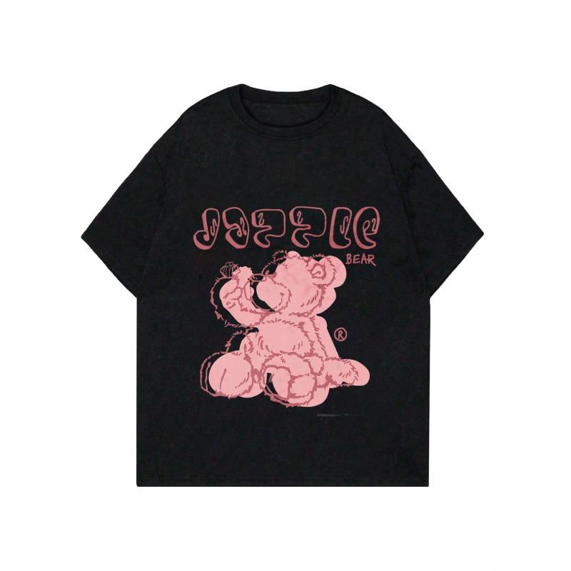 Розовая футболка с принтом мультяшного медведя "Jazzle Bear" и черными короткими рукавами для женщин
