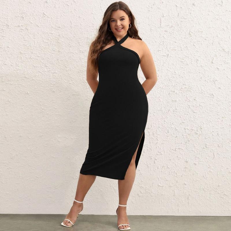 Летние повседневные платья с вырезом на шее для женщин, однотонное платье, женское платье без рукавов больших размеров, черное платье с разрезом по бокам, плотное платье с высокой талией, пляжное платье