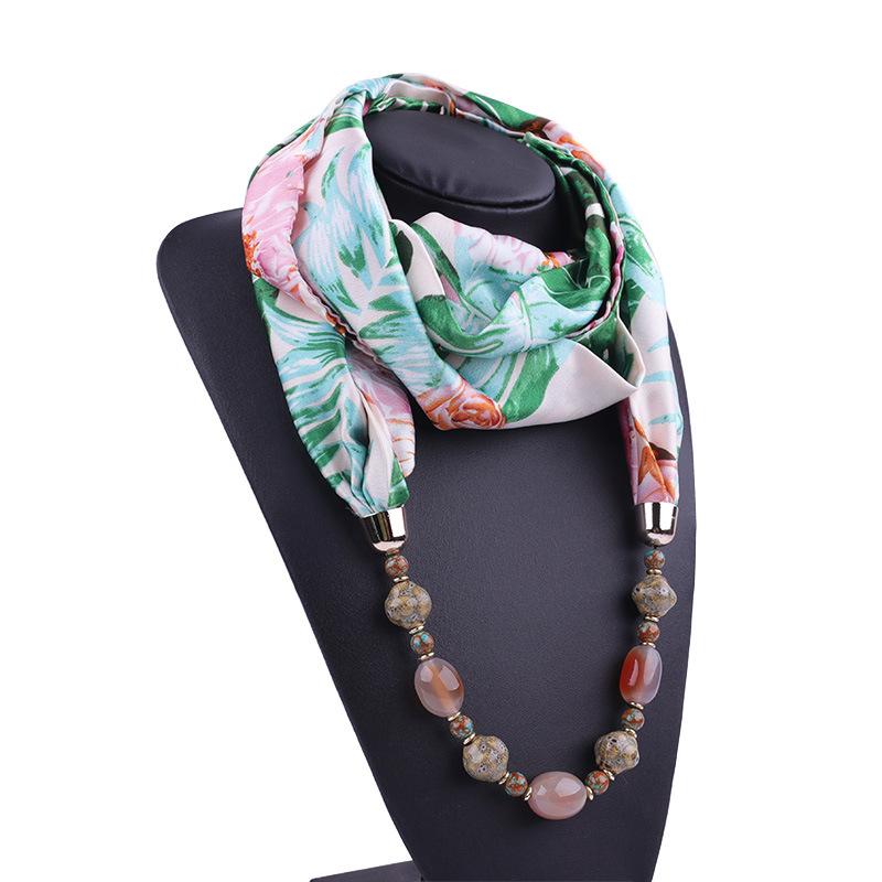 Plant Printing Chiffon Gem Necklace Scarf Women's Spring and Autumn Ethnic Style Natural Stone Necklace Scarf Clothing Collocation