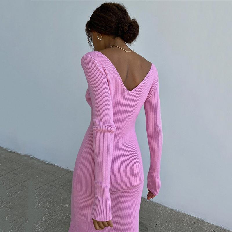 Женские вечерние платья с открытой спиной во французском стиле, осень 2023, винтажное облегающее зимнее платье с v-образным вырезом, элегантное женское трикотажное длинное платье 29295