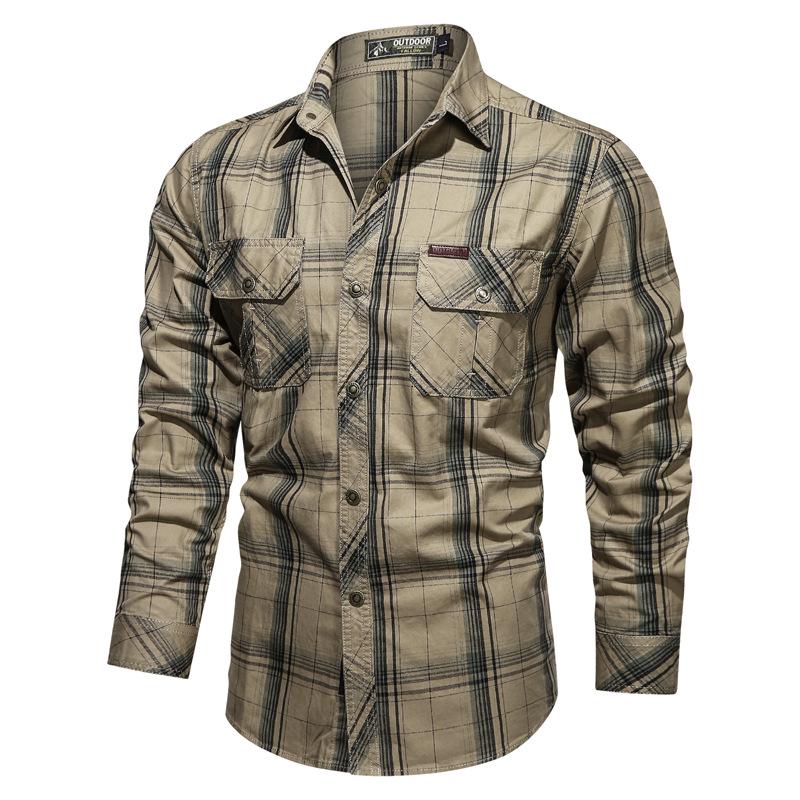 Men's Casual Shirt, Autumn Pure Cotton Plaid Long-sleeved Shirt, Tooling Large-size Shirt