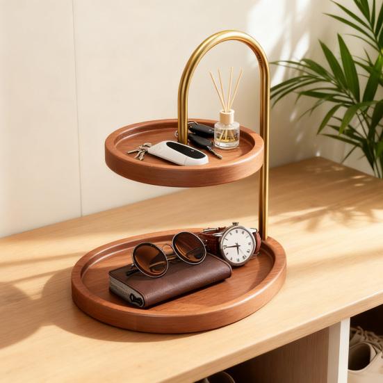2-Tier Jewelry Stand Wooden Jewelry Organizer with 2 Trays Retro Tiered Tray Jewelry Holder for Necklaces