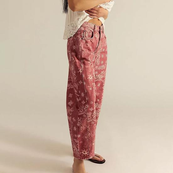 Джинсы-бочки для женщин, джинсы-бойфренды мешковатого кроя с цветочным принтом, повседневные джинсы из денима с широкими штанинами до щиколотки и средней посадкой