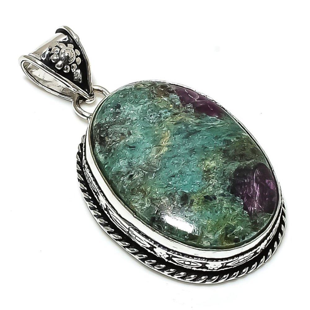Ruby In Fuchsite Handmade Ethnic 925 Sterling Silver Pendant 2.21" B5s38
