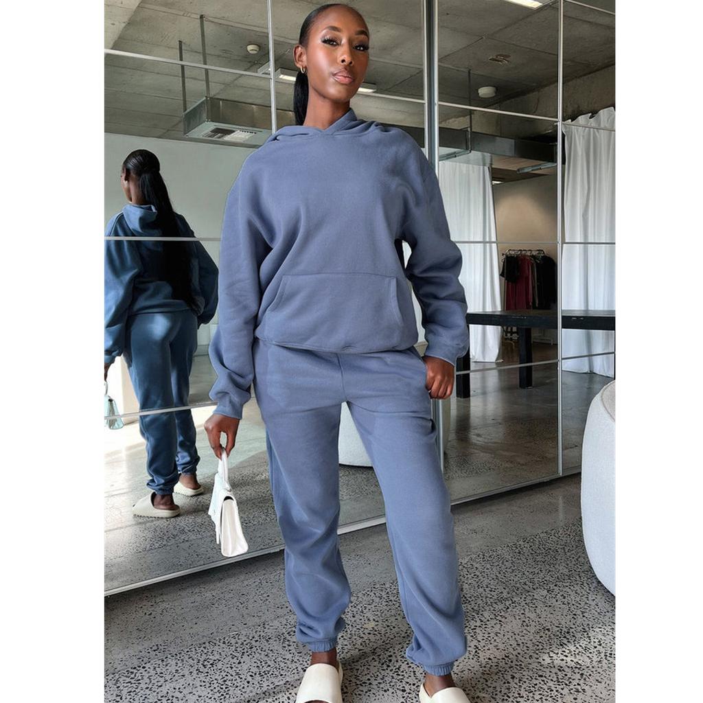 Женский однотонный комплект осенне-зимнего флисового свитшота с длинными рукавами и капюшоном, модный повседневный толстовка, брючный костюм