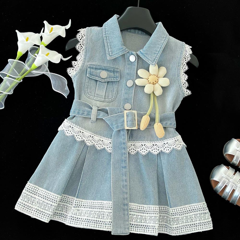 Girls Sleeveless Denim Dress Summer Fashionable Lace Trim Toddler Vest Dress Kids Casual Outfit