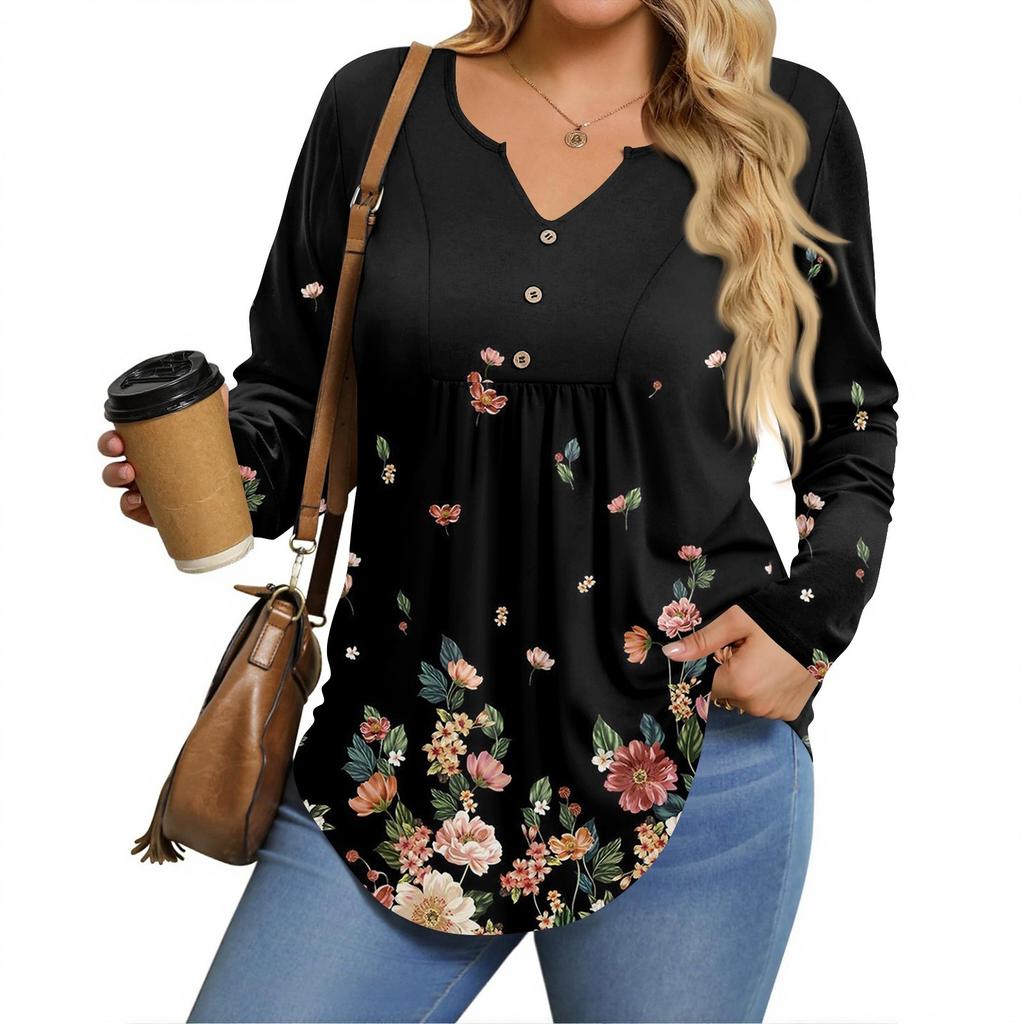 Womens Plus Size Long Sleeve Shirts V Neck Tunic Tops Basic Loose Fit Tee Tops