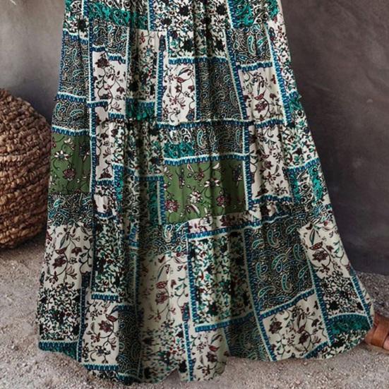 Women Maxi Skirt High Waist Large Hem Boho Printed Ruffle Stitching Long Skirt Summer Casual Skirt Daily Wear