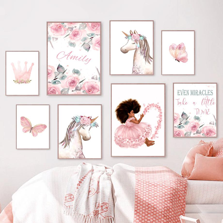 Розовая принцесса, бабочка, единорог, корона, имя на заказ, настенное искусство, холст, живопись, постеры и принты, фотографии для девочек, декор для детской комнаты