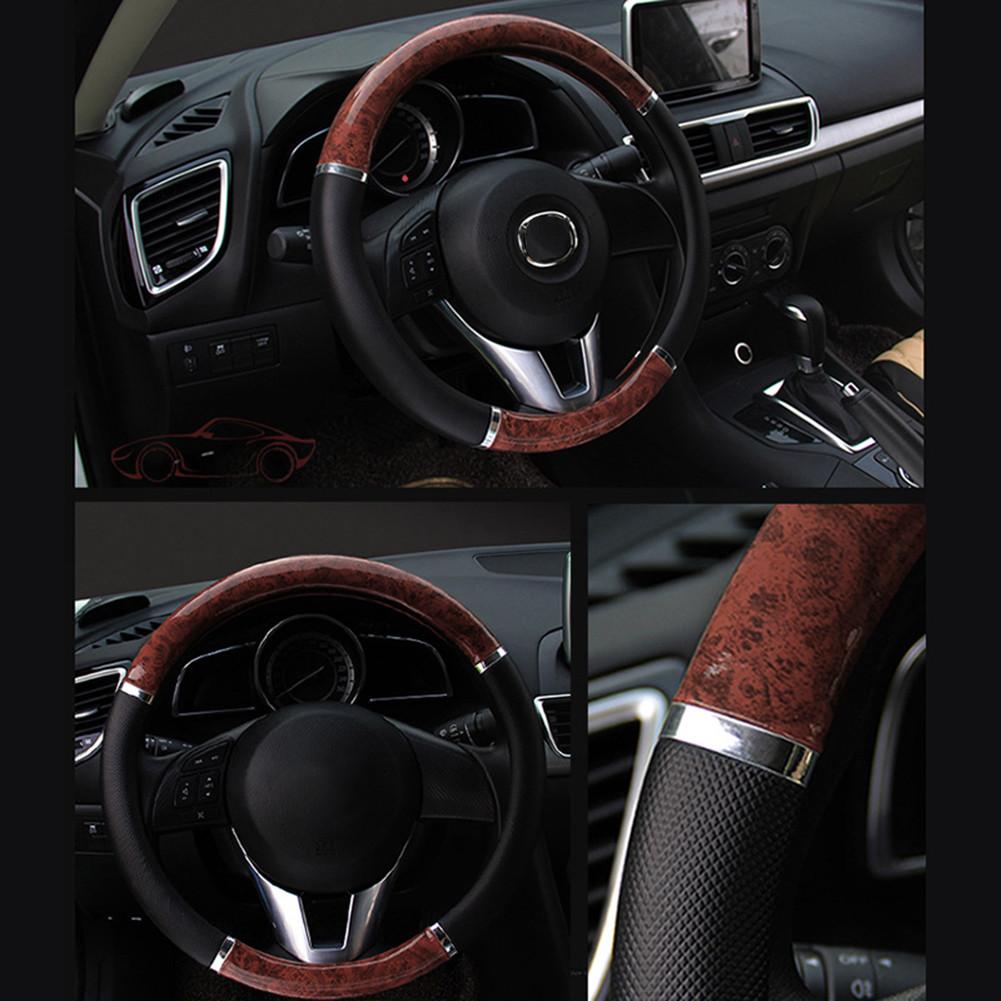 38см узор из красного дерева (ПВХ+ кожа) Крышка рулевого колеса автомобиля