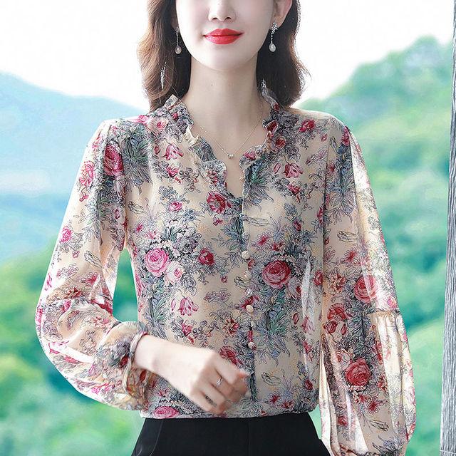 Fashion Ruffle Floral Print Chic Sweet Chiffon Shirt Spring Autumn New Women's Casual Lantern Long Sleeve Top Blouse Blusas