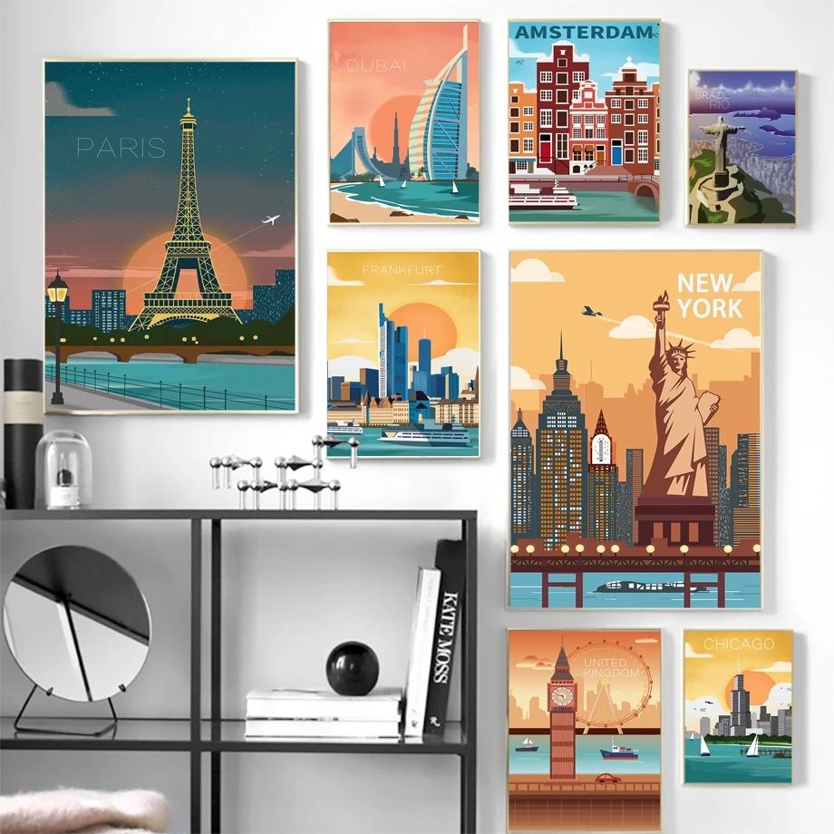 Cartoon Port Travel City Poster Paris Chicago London Landscape Canvas Painting Anime Illustration Wall Art Pictures Home Decor No Frame