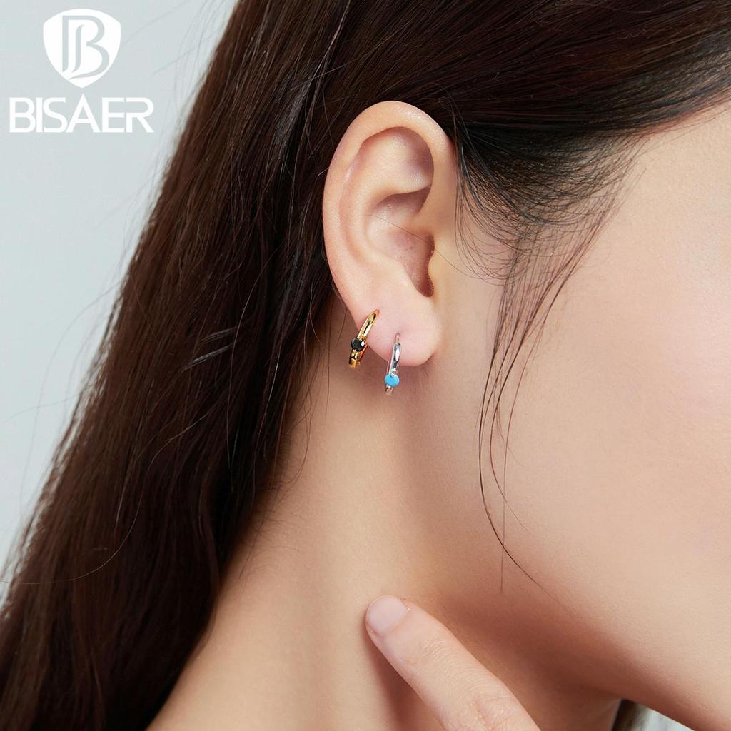 Bisaer 925 Sterling Silver Hypoallergenic Earrings Colorful Cubic Zirconia Women Ear Buckles