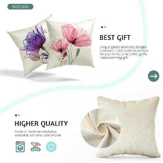 Flower Decorative Throw Pillow Covers 18x18 Inch Watercolor Floral Farmhouse Cushion Cover 4 Pcs Pink Yellow Purple Blue Tulip Pillow Case for Couch