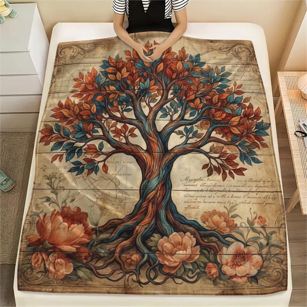 1PC Retro Tree of Life Flowers Print Flannel Blanket, High quality All Seasons, Home Decor, Warmth and Comfort, Perfect for Christmas Gifts