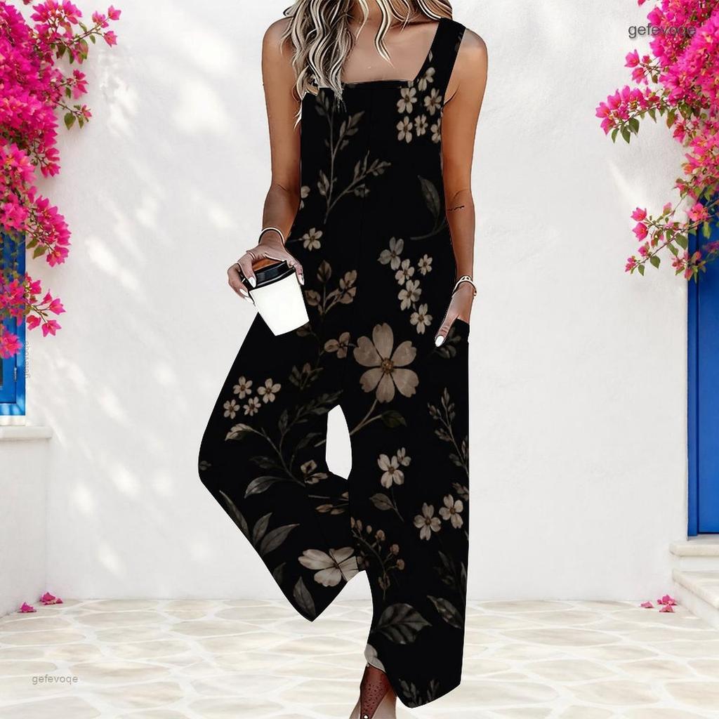 Women Plus Size Black Floral Printed Square Neck Sleeveless Loose Jumpsuit With Pockets Cuffed Ankle