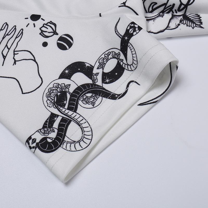 Gothic Floral Print Dress White Short Sleeve High Waist Bodycon Mini Dresses