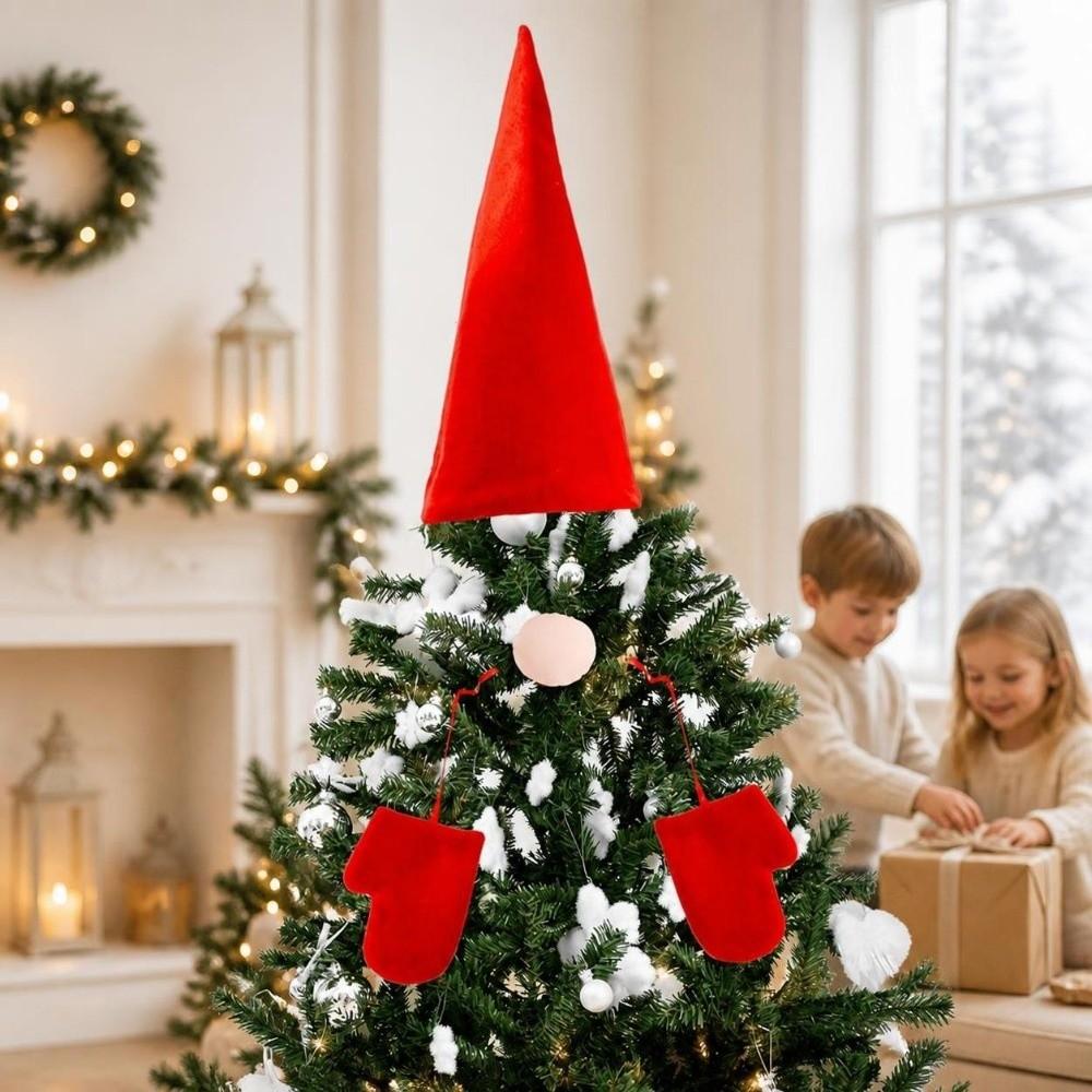 Red Christmas Tree Top Decorations Cute DIY Santa Hat Ornament Creative Decor Props Xmas Tree Top Hat Merry Christmas