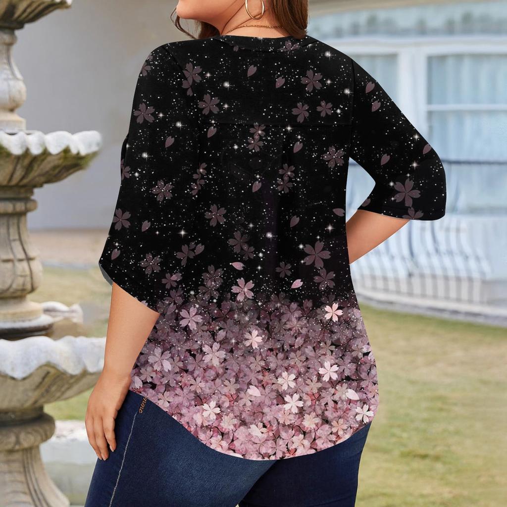 Женская модная блузка большого размера с принтом, V-образным вырезом и рукавом три четверти