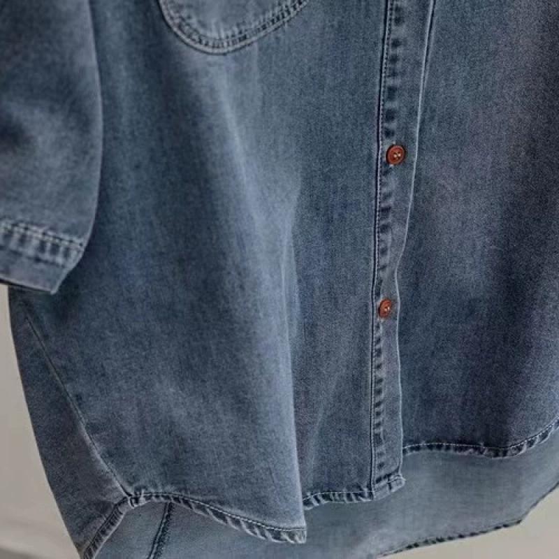 Женская весенне-летняя свободная джинсовая рубашка с короткими рукавами в стиле ретро, простая повседневная блузка в стиле темперамент