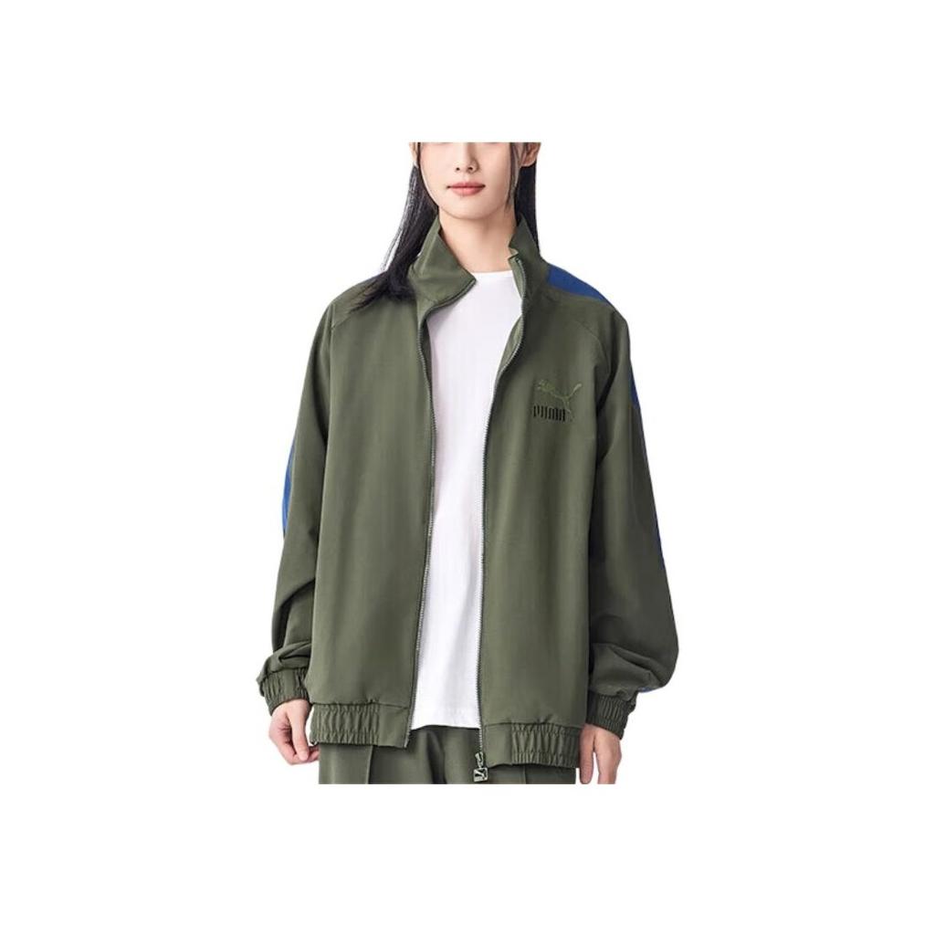 Puma T7 Logo Print Pattern Casual Zip-Up Stand Collar Retro Color Block Jacket Unisex Jacket Army-Green 628203-76
