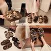 Leopard print fluffy slippers women's autumn and winter wear 2025 new Internet celebrity thick-bottomed plush cotton slippers