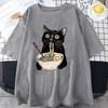 Футболка с изображением лапши Ramen Cat, футболки Foodie Lover, черные футболки с изображением лапши Cat, повседневная футболка с коротким рукавом в стиле ретро для мужчин и женщин, одежда