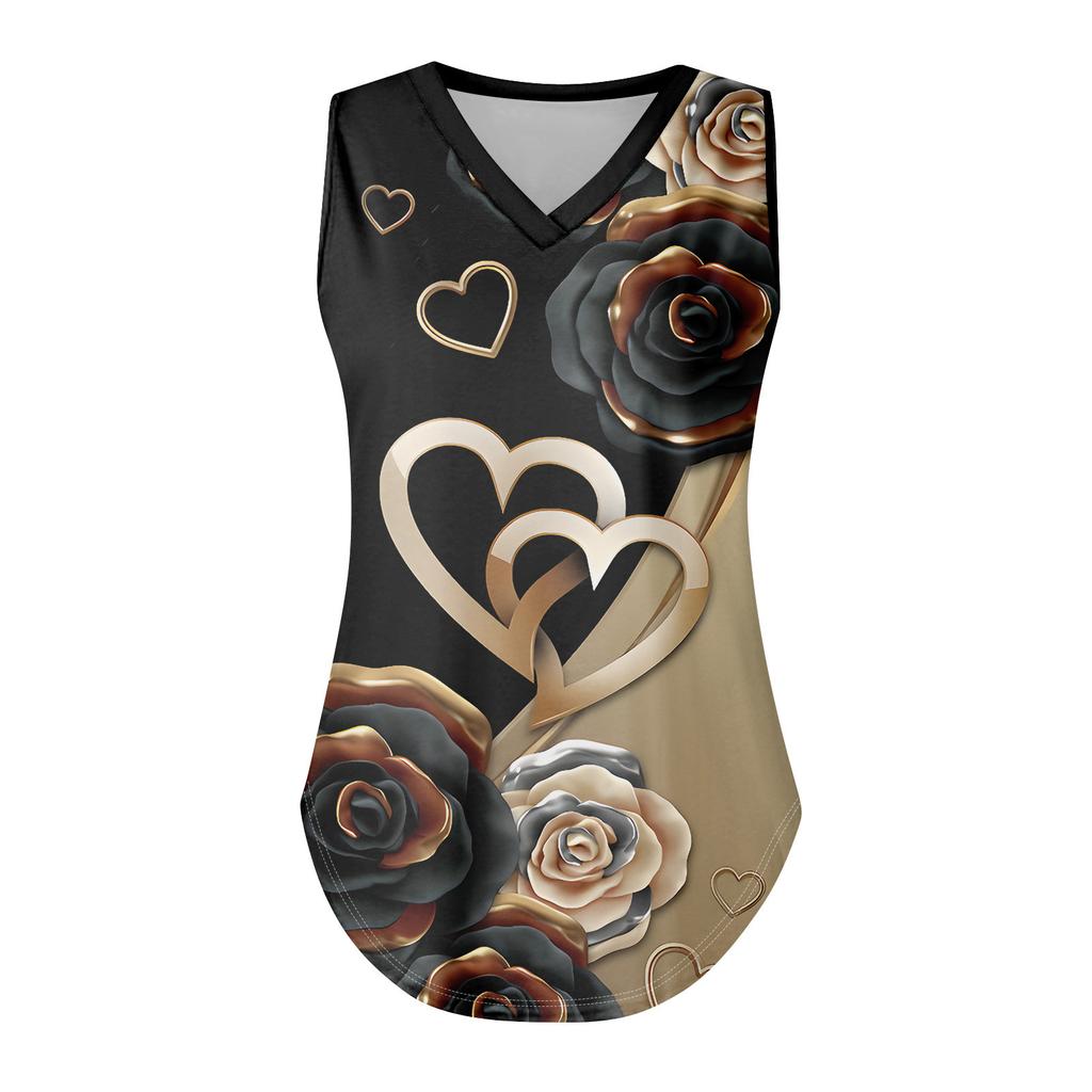 Женская майка с V-образным вырезом и принтом, повседневная майка, свободный крой, топы без рукавов, струящиеся