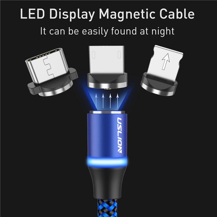 1M 3 In 1 Magnetic Cable For iPhone X Samsung Lighting Nylon Braided Micro USB Type C Magnet Cable
