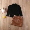 Girls Temperament Set Middle and Big Kids High Collar Long Sleeve Top + PU Leather Skirt Two-piece Set