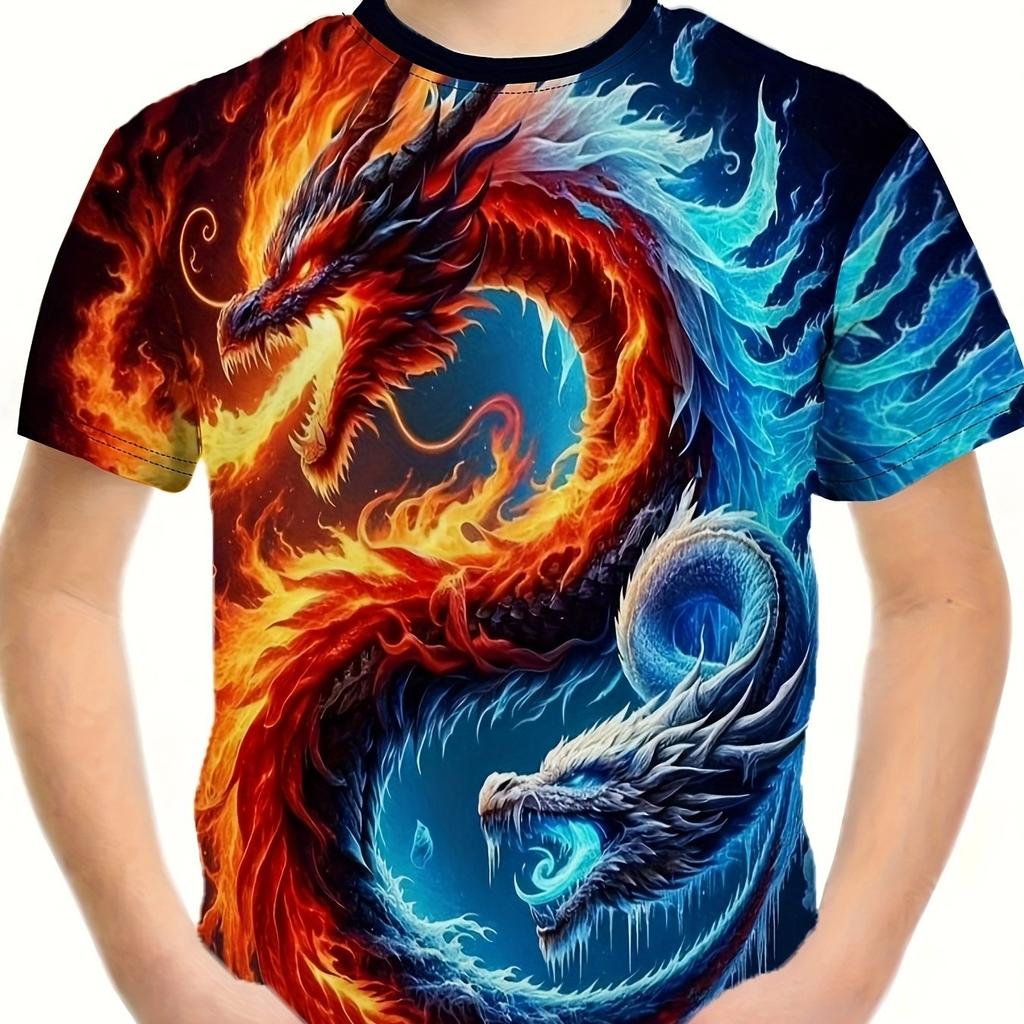 Детская одежда Футболки для мальчиков Детская футболка с коротким рукавом Стильный 3D-принт дракона Графи Повседневная летняя одежда для девочек Топы
