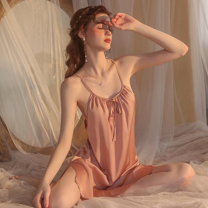Сексуальная пижама для женщин весна и лето однотонная тонкая пижама с открытой спиной и V-образным вырезом шелковое платье для женщин