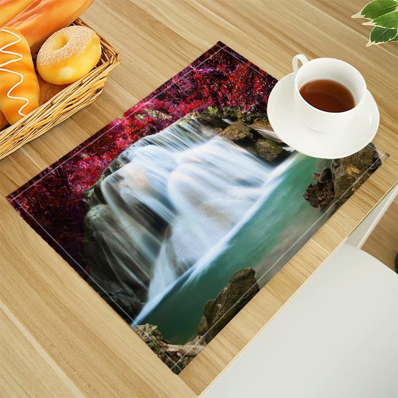 Natural Waterfall Print Linen Dining Table Mats Alphabet Kitchen Placemat 30X45cm Coasters Pads Bowl Cup Mat