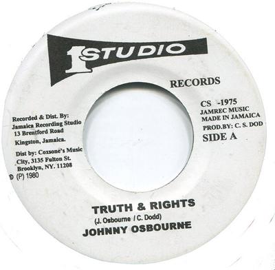 7-дюймовая пластинка JOHNNY OSBOURNE - Truth & Rights / Let Me In CS1975 Studio One Ямайка Регги, Ска и Даб Б/У